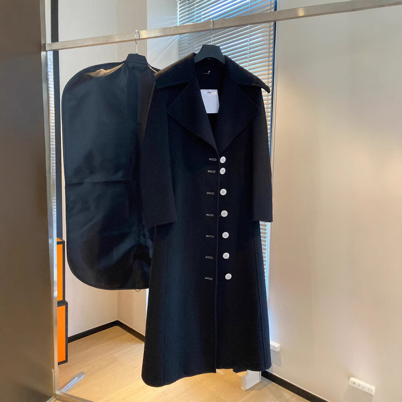 Haining Autumn and Winter New Hepburn Style Black Wool Double-Sided Woolen Outwear Mid-Length Double-Breasted Casual Windbreaker Jacket