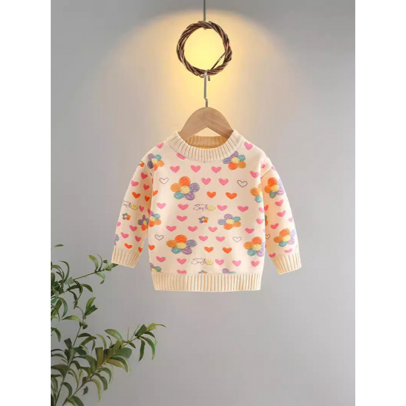 Girls' fleece-lined sweater, 2025 autumn and winter collection, thick knitted base layer, pullover, round neck top for toddlers and young children.