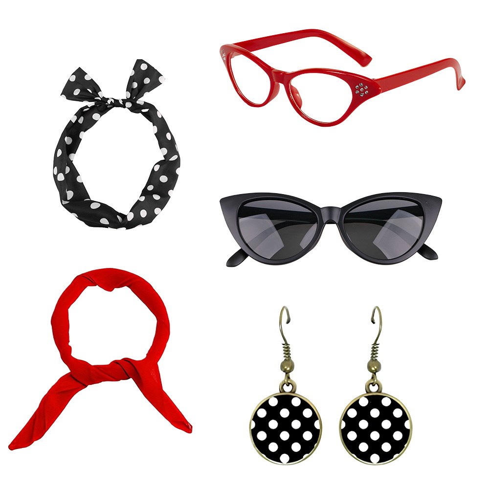 Decoración de baile retro de los años 1950 RPG punto de onda accesorios gafas aretes de pelo set collar