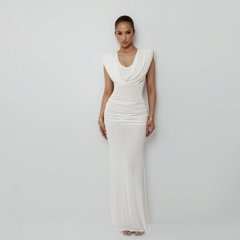 Cross-Border European and American 2025 New Autum Women's Pure Color Elegant Elegant Waist Pleated Swing Collar Slim Dress for Women