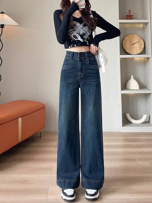 复古窄版阔腿牛仔裤女2025春秋新款小个子高腰设计感宽松直筒长裤|undefined