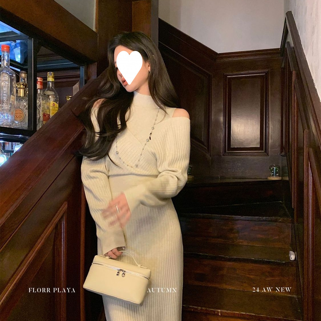 气质收腰设计感露肩假两件针织连衣裙早秋新款遮肉百搭纯色长裙子