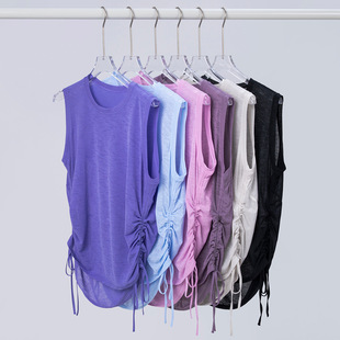 Bamboo Yarn Summer Breathable Yoga Vest Women's Loose Round Neck Sleeveless Sports Top Hem Drawstring Yoga Cover-Up