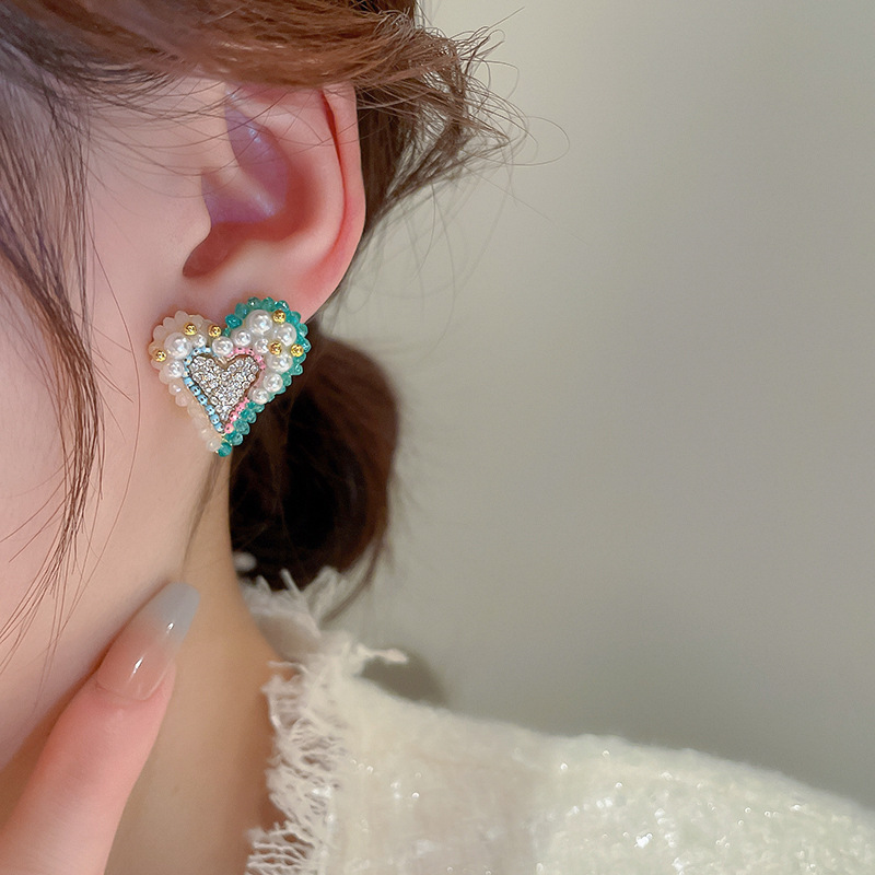 Cute Heart Shape Copper Plating Rhinestones Earrings 1 Pair