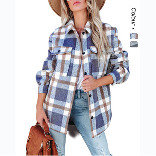 Casual Fashion Ins Style 25 Years European and American Cross-Border Autumn and Winter Plaid Brushed Lapel Jacket 22214