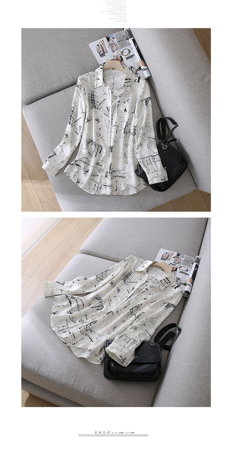 Áo sơ mi nữ dài tay chất satin twill họa tiết sketch phong cách Pháp — trắng chi tiết 3