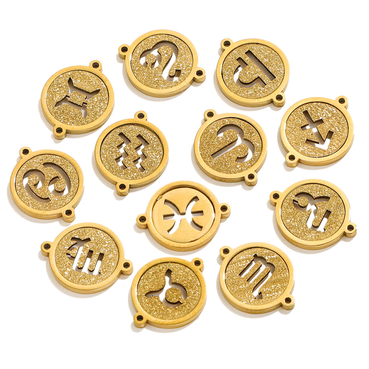 Doble agujero circular prensado arena 18K acero inoxidable doce constelación colgante diseño de personalidad popular DIY joyería colgante