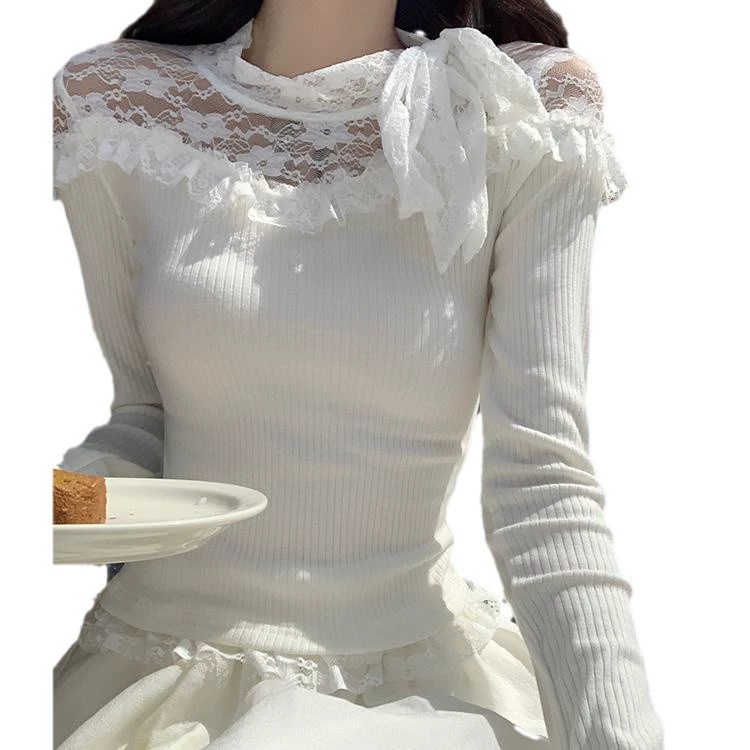 Spring lace long-sleeve, knitted sweater, Korean style