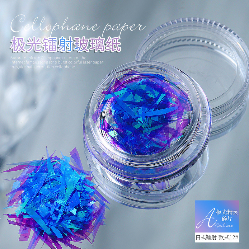 Aurora elfo fragmentos irregulares celofán Corte libre tira flash colorido láser papel uñas pegatina al por mayor