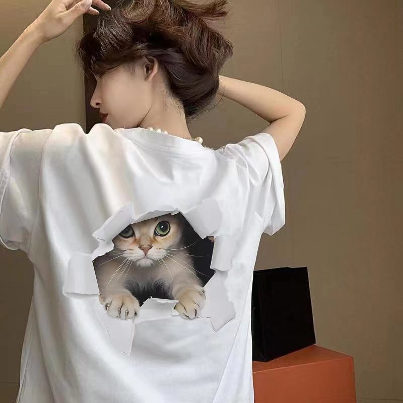 Small Cats Cotton Short-sleeved T-shirt Women's 2025 Spring and Summer New Sweet Cute Half-sleeved T-shirt All-match Korean Style