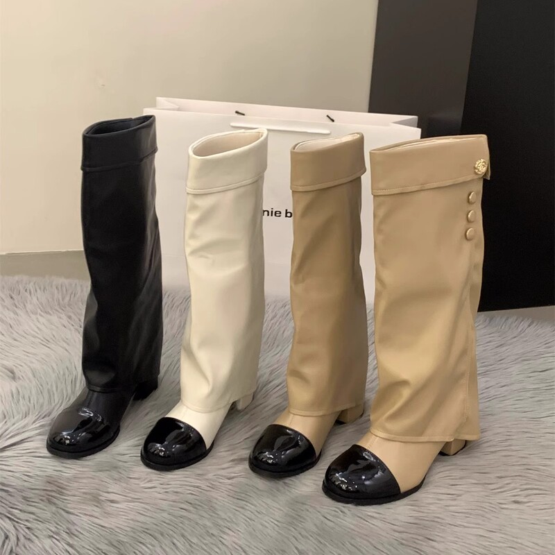 [Ready Stock~~] High-Heeled Spliced French Style Long Boots for Women 2025 Trouser Pile Knight Boots