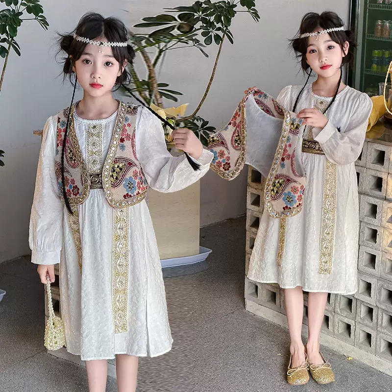 女童套装 新款中大女童新疆民族服装绣花马甲连衣裙两件套表演服