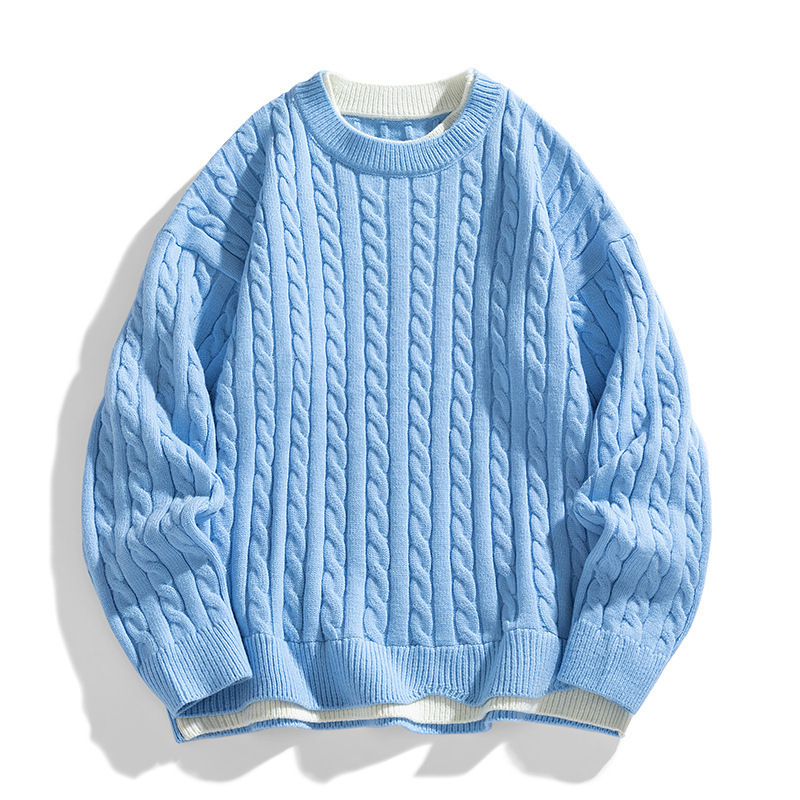 Al por mayor transfronterizo falso suéter de dos piezas para hombres más vello grueso calentamiento flor de lino grueso manga larga camiseta de punto ocio ancho