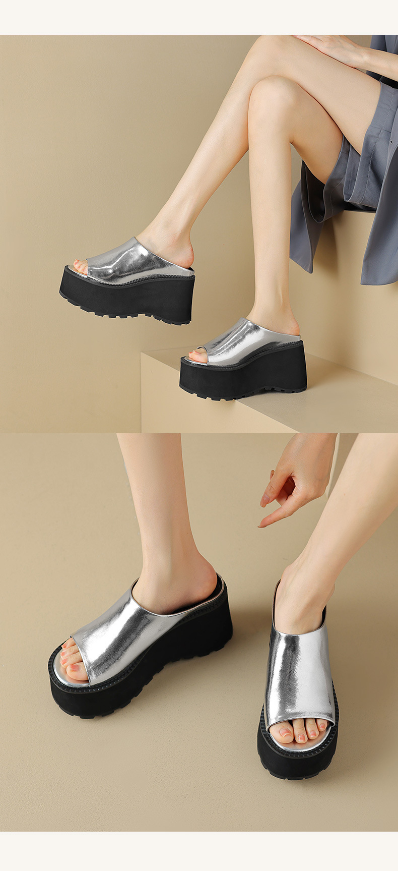 Dép sandal nữ xỏ ngón đế bệt da thật mũi hở phong cách tối giản — màu đen, màu vàng, bạc chi tiết 9