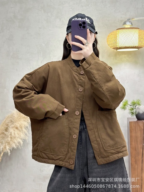 琪镌绘制冬季款韩系单排扣休闲时尚宽松百搭圆领棉衣女上衣潮185|undefined