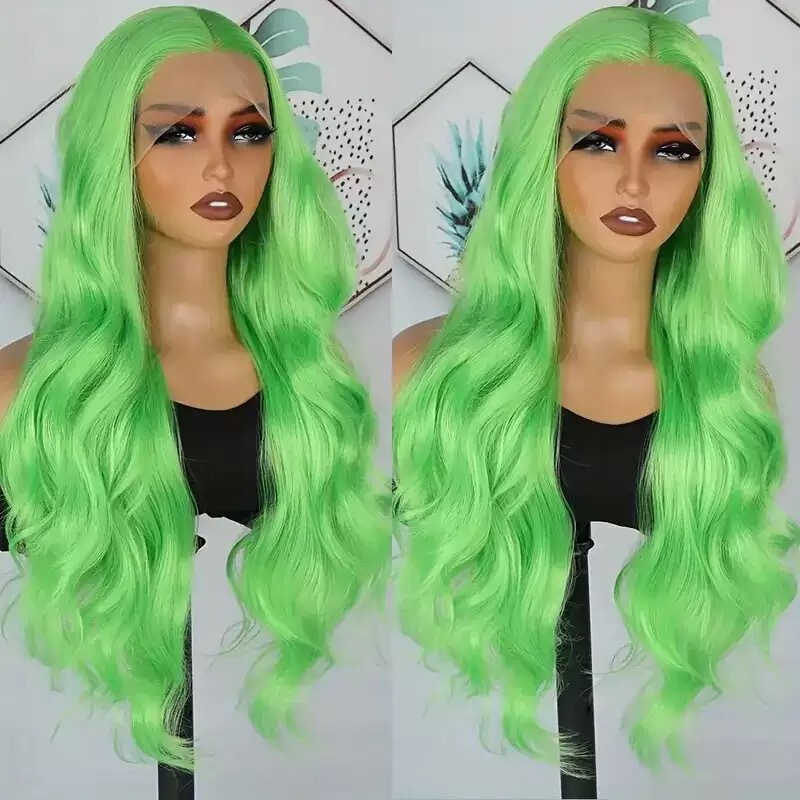 Foreign Trade European and American Cross-Border Special Supply of Chemical Fiber Front Lace Wig 13*4 Green Straight Hair Front Lace Chemical Fiber Headgear Manufacturer