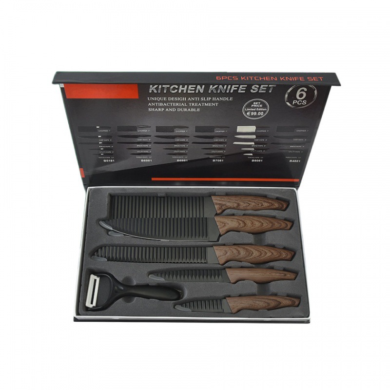 Venta directa de cuchillos de cocina traje cola de milano mango patrón de onda de seis piezas conjunto de cuchillos de cocina caja de color caja de regalo en stock