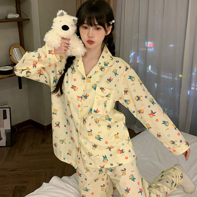 Spring and Autumn Pajamas Women's Long Sleeve Trousers Cotton Yellow Dancing Bear Cute Korean Ins Cardigan Home Clothes suit