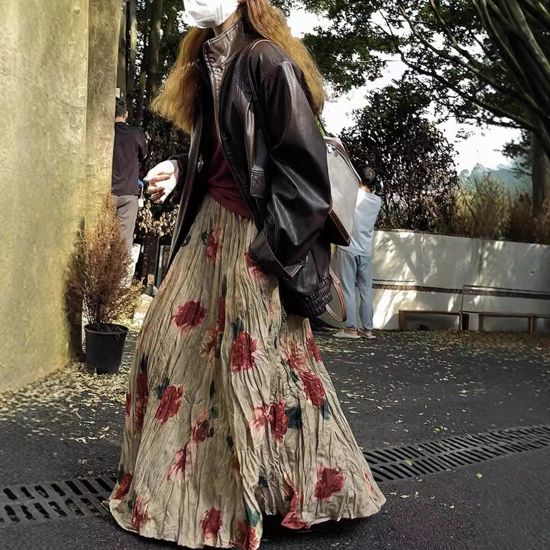 High-end Retro Simi-dyed Rose Large Skirt High Waist Draped Pleated A- Line Printed Skirt High-end Retro Simi-dyed Rose Large Skirt High Waist Draped Pleated A- Line Printed Skirt