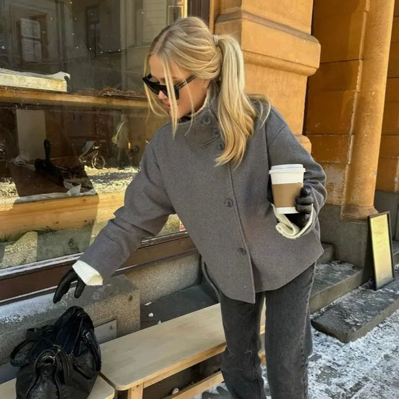 Женское пальто короткое из шерсти, европейский стиль, шерстянойBlend, повседневный осень/зима, размеры S–L