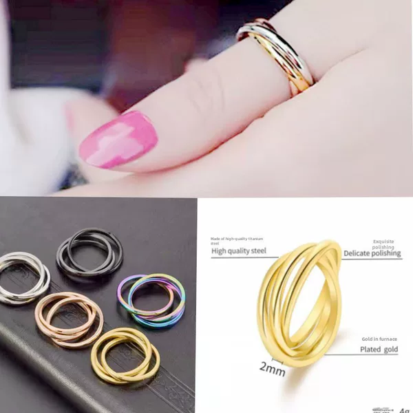 Cross-Border Popular Three-Ring Titanium Steel Ring for Women Ins Plain Ring Sansheng Iii Couple Ring European and American Popular Hand Jewelry