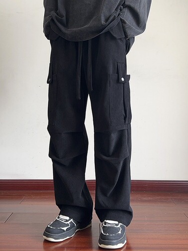 Men's winter and autumn corduroy work pants, loose straight-leg pants, fashionable plus-size wide-leg casual long pants