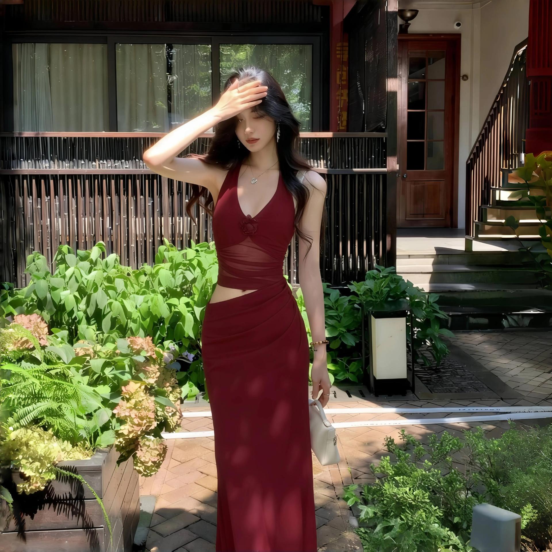 Red Floral Backless Halter Neck Dress for Women, Summer Gown, Pure Desire Slim-Fit Dress, Designer Bodycon Long Dress