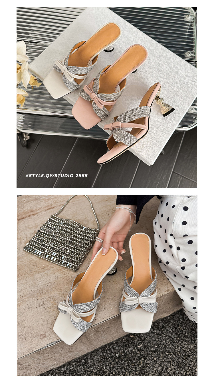 Sandal cao gót nữ hở mũi đính đá pha lê, quai ngang nơ bướm, gót 9 cm — màu hồng, màu trắng ngà chi tiết 12