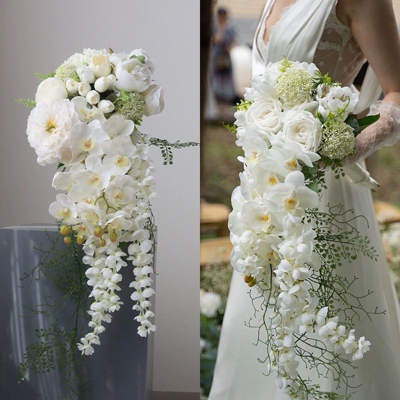 French Water Drop Waterfall Bouquet White Phalaenopsis Calla Lily Bouquet Wedding Beautiful Flower Wedding Photography