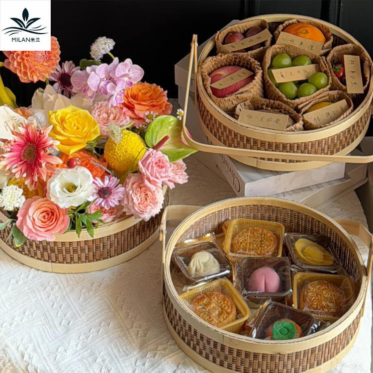 Cestas de flores de tejido de mediano otoño de bambú tejido de paja de flores portátiles canasta de huevos para bebés decoración casera canasta de flores