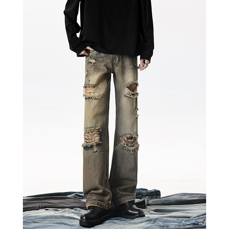 [Limited Price 99] Trendy Brand Handsome Street Ripped Jeans Retro Distressed Rust Denim Straight Long Pants