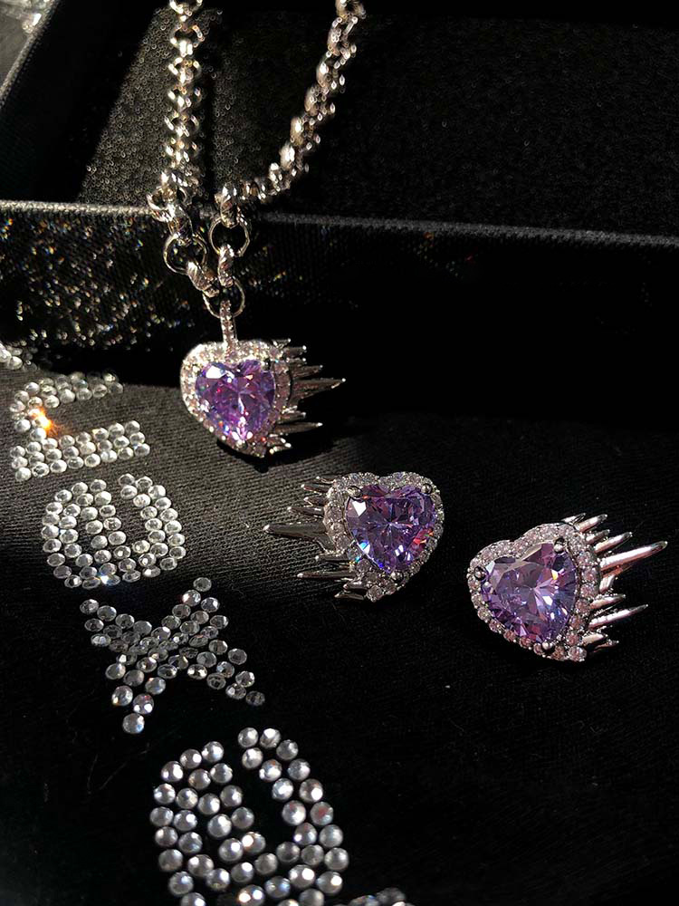 Fashion Creative Purple Gem Heart-shaped Alloy Earrings Necklace display picture 4