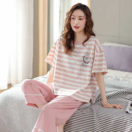 万曼春夏季新款睡衣女纯棉家居服圆领套头休闲舒适七分裤睡衣套装