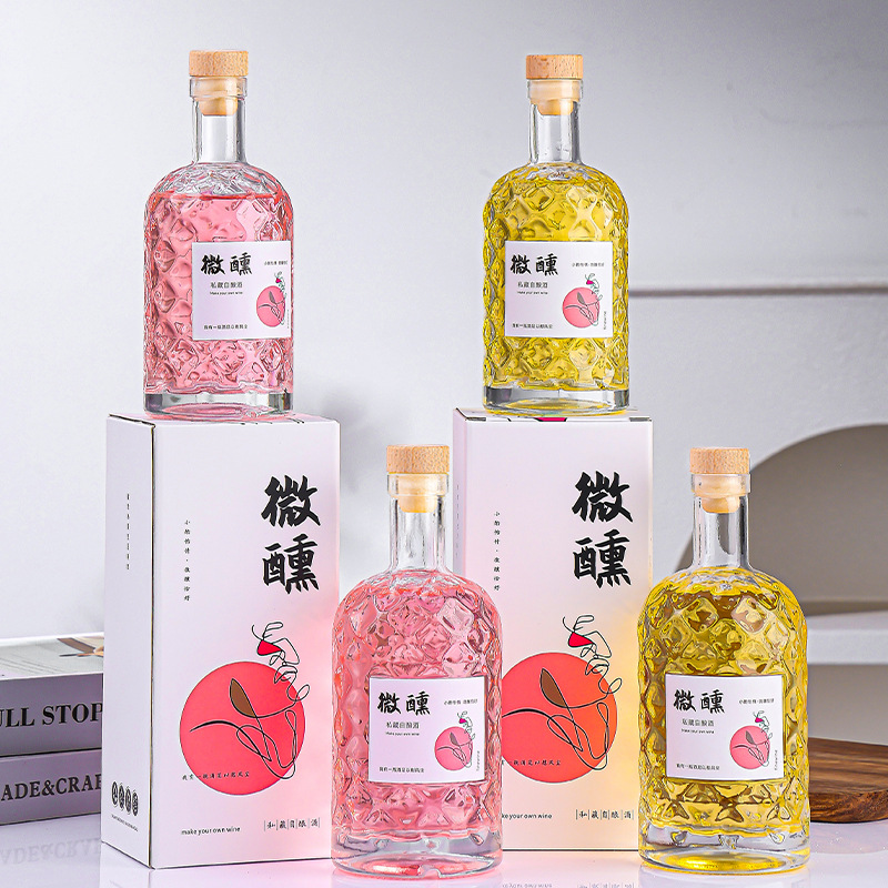 新款菠萝果酒瓶空瓶透明高端一斤玻璃密封自酿分装375ml空瓶豪华