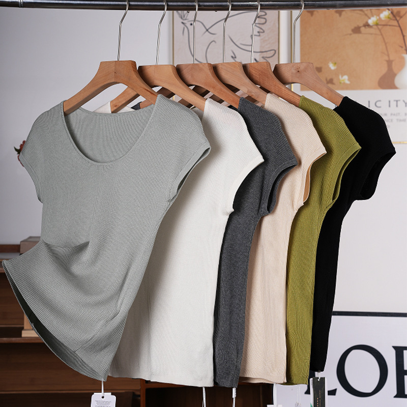 Cool Triacetic Acid U-Collar Knitted T-Shirt Top Women's Summer New Slim-Fit Slimming All-Match Lyocell Base Shirt Thin