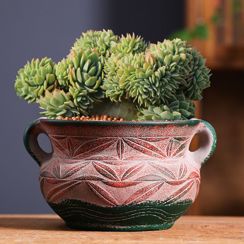 01 Venta directa de fábrica de macetas suculentas mediterráneas grandes, cerámica de carne, lavabo especial de cerámica roja retro, liquidación al por mayor