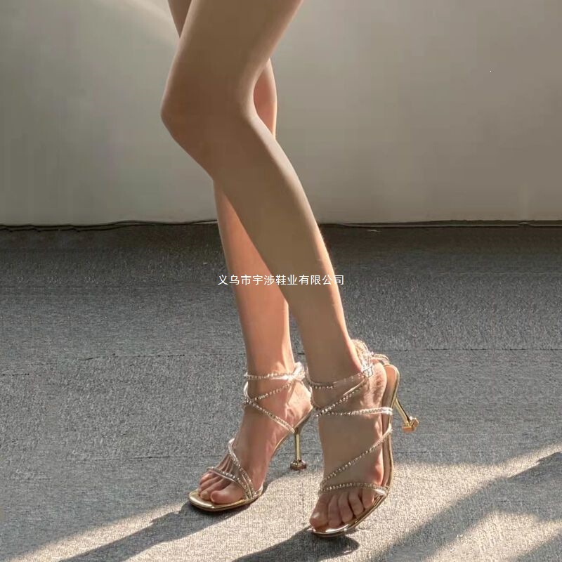 Purely Sexy High-Heeled Sandals for Women with Sparkling Rhinestones, Sexy Lace-Up Straps, Single-Strap High Heels, Thin Heels, Elegant Everyday Casual Style
