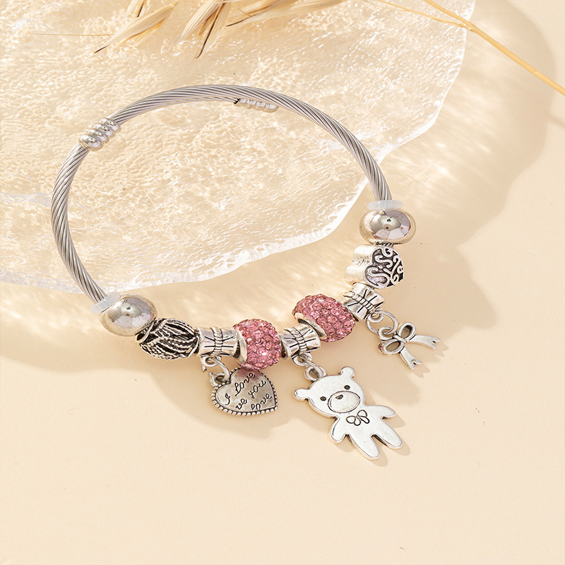 Panjia pulsera Dora DIY cuentas explosivas transfronterizas arco de oso colgante de letra en forma de corazón pulsera de acero inoxidable image 7