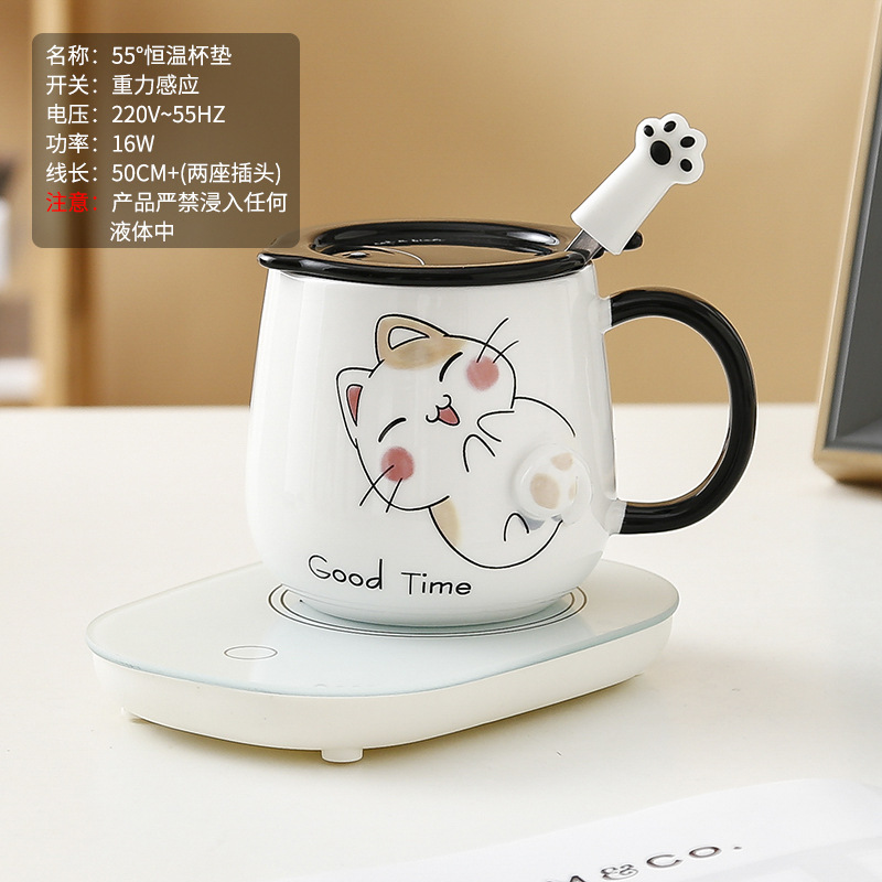 Taza de gato Mark con tapa Cuchara Taza de agua de cerámica Taza de pareja de dibujos animados de cerámica para hombres y mujeres Taza de desayuno de café de oficina