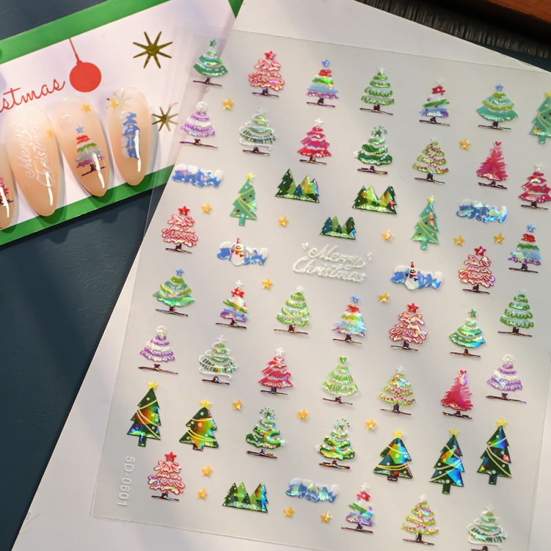 New Laser Embossed Christmas Nail Art Stickers New Technology 5D Stereo Glitter Snowflake Elk Christmas Stickers