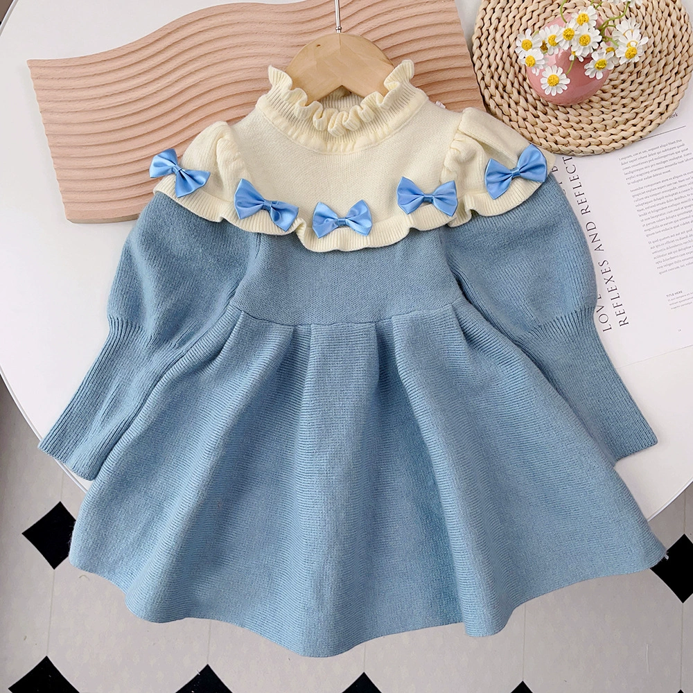 Red cute knitted demi-season woolen dress with bow, children's clothing, wholesale