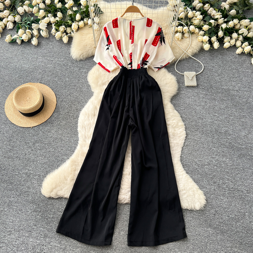 Korean Style Women's V Neck Jumpsuit High Waisted Wide Leg Pants Slimming Print Workwear Summer Elegant Long Romper_ecoleips.com