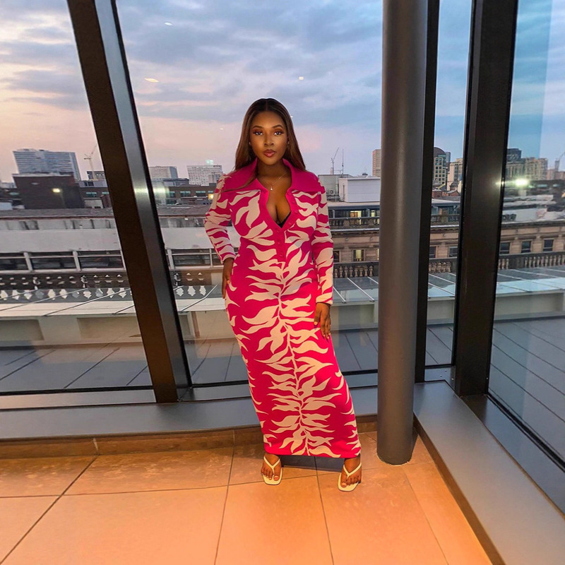 European and American 2025 Autumn and Winter Women's Clothing Lapel Print Cardigan Printed Dress Amazon Foreign Trade Southeast Asia Long Dress