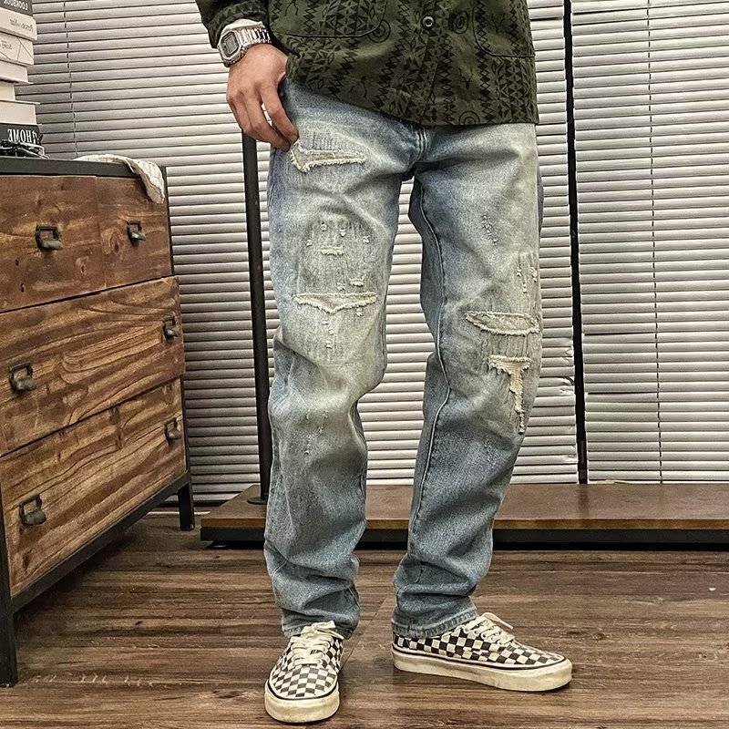American-style ripped jeans for men with patches and embroidery, trendy and unique, versatile, spring high street tapered new blue trousers American-style ripped jeans for men with patches and embroidery, trendy and unique, versatile, spring high street tapered new blue trousers