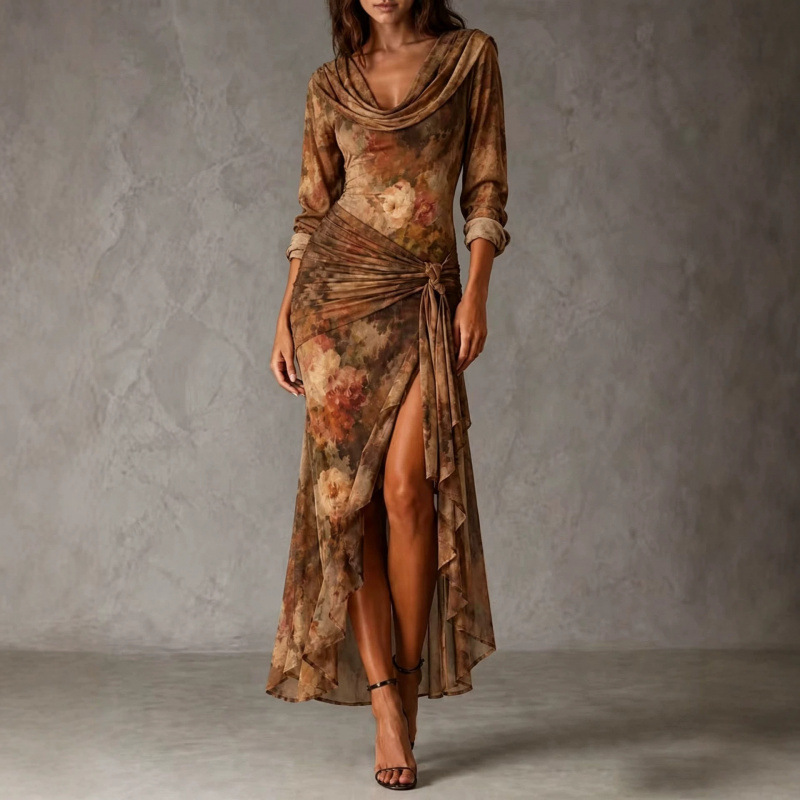 2026 Foreign Trade European and American Cross-Border Amazon Independent Site Western Bohemian Printed Knot Design Dress
