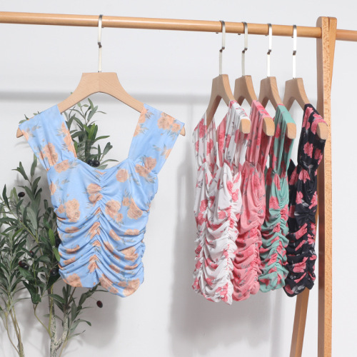 Navel-baring floral mesh camisole travel short style small square neck outer wear pleated sleeveless top 8871