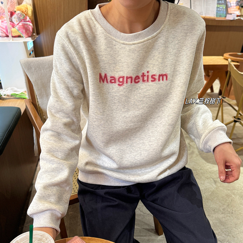 Winter New Composite fleece-lined Korean Style Simple Fashionable Loose Round Neck Pullover Sweat All-match Front and Rear Figure Shoulder Women