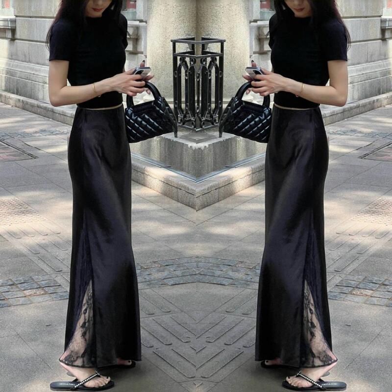 French High-End Lace Splicing Black Skirt for Women Summer Thin New High-Waist Slimming Mid-Length Arm Skirt