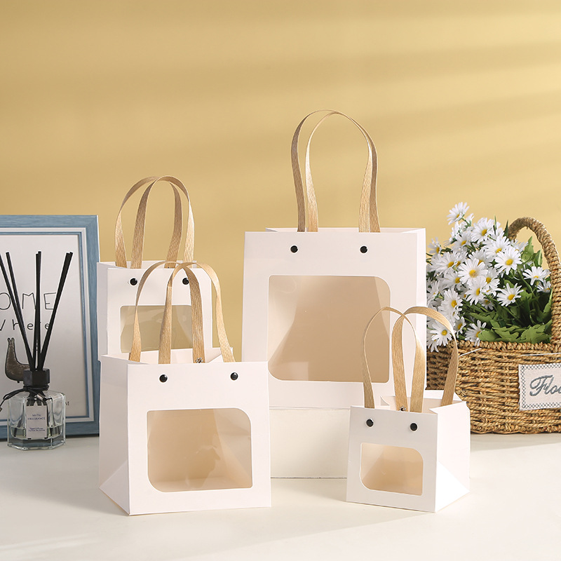 情人节透明礼品袋正方形开窗手提袋 牛皮纸袋笑脸鲜花礼物包装袋