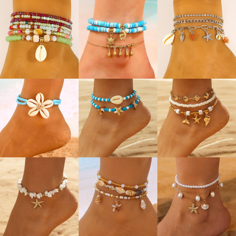 Cross-Border European and American Fashion Seaside Resort Style Anklet Set Starfish and Shell Shaped Beach Foot Jewelry Foreign Trade Accessories